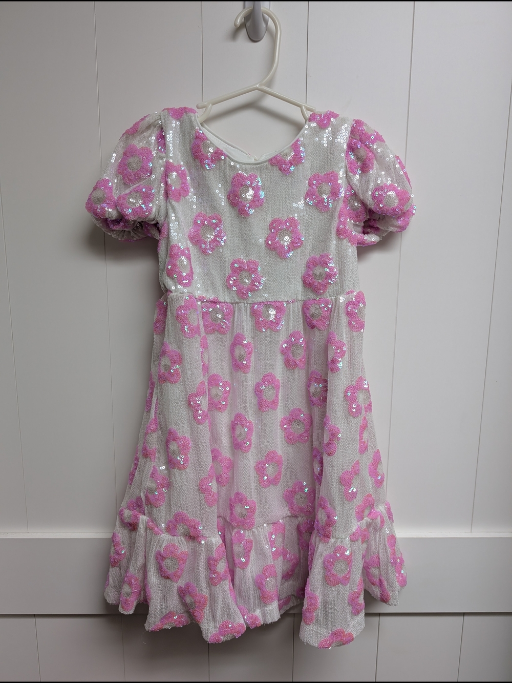 Sparkle & Shine White Pink Sequin Floral Dress, sz 6